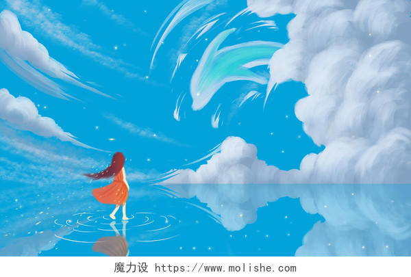 唯美蓝色海洋大海与鲸天空海洋原创插画海报